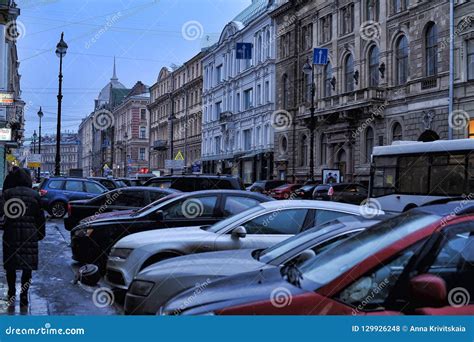Cars Parked On The Street In The City Center And Pedestrians Editorial