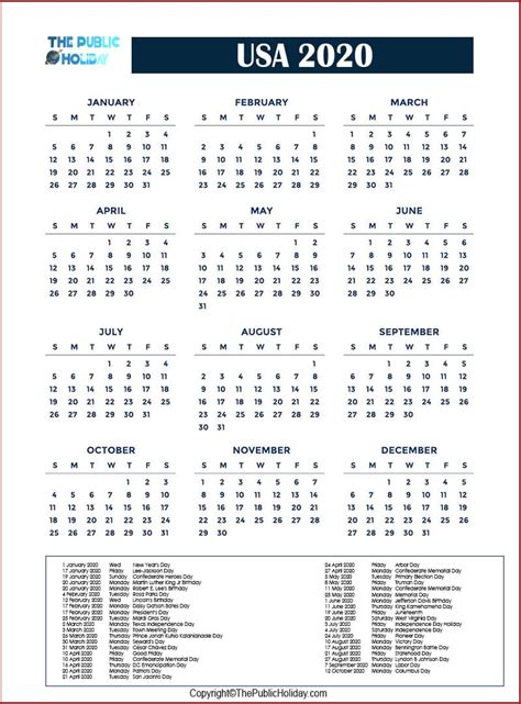 Us Holidays 2020 Calendar Public National Federal Bank