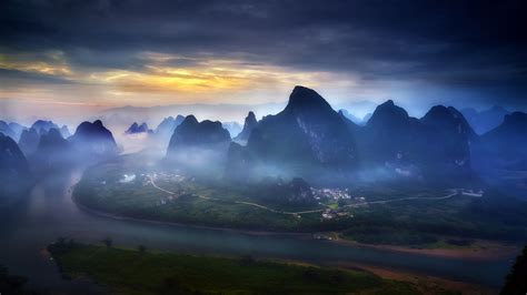 Nature Landscape Sunrise Mist Mountain River Clouds Guilin China