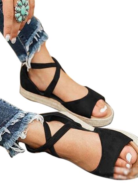 Sandals Womens Platform Pumps Shoes Peep Toe Summer Ankle Strap Flat