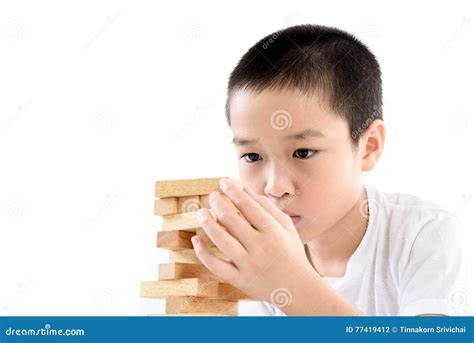 Boy Play Wooden Block Tower Stock Photo Image Of Background Hand