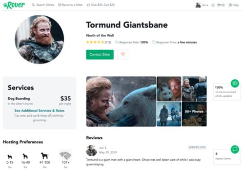 Jon Snow S Best Friend Rover Creates Sitter Profile For Tormund After He Watched Ghost On