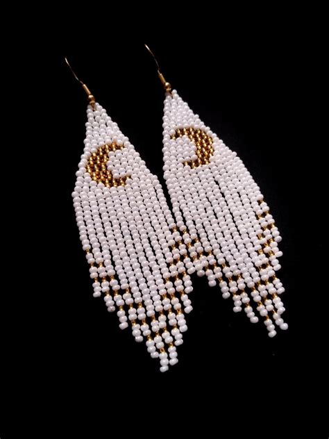 Earrings Moon Fringe Bead Earrings White Gold Earrings Etsy