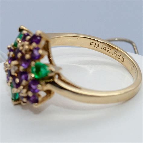 Vintage Franklin Mint 14k Gold Diamond Emerald And Amethyst Floral Bu