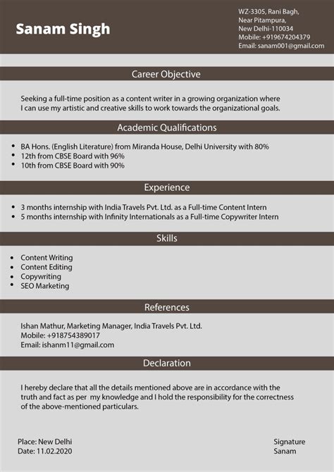 Resume with declaration template from cdn.instantresumetemplates.com declaration for resume is a way of trust and transparency upon the applicant, where the hr find. Declaration in Resume for Freshers Examples & Tips 2021 ...