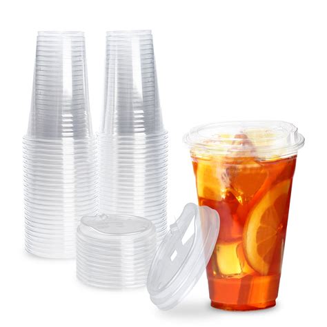 [100 Pack] Disposable Strawless Plastic Cups with Lids - 20 Oz Clear ...