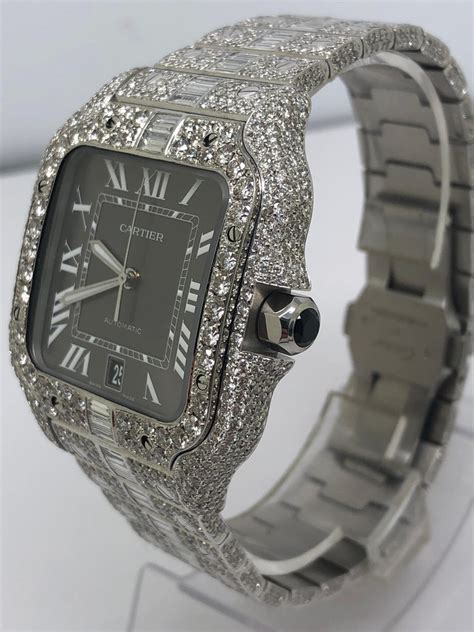 Cartier Santos Iced Out Vvs Emerald Cut Diamond Roman Numeral Watch For