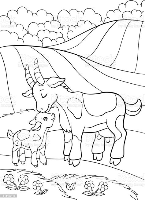 Coloring Pages Farm Animals Mother Goat With Her Little Baby Stock