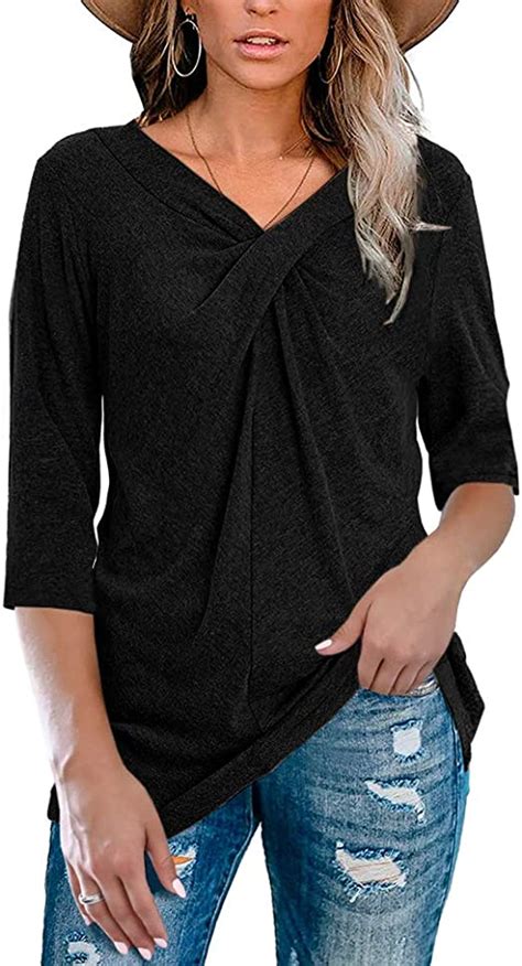Womens 34 Sleeve V Neck T Shirt Plus Size Casual Cross Knot Loose
