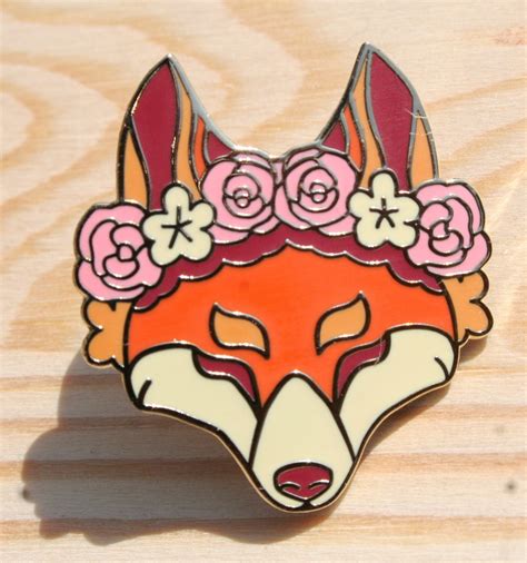 Floral Fox Gold Hard Enamel Lapel Pin Red Fox With Flower Etsy