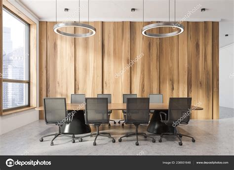 Side View Office Meeting Room Dark Wooden Walls Stone Floor ⬇ Stock