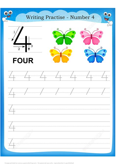 Number 4 Handwriting Practice Worksheet | Free Printable Puzzle Games