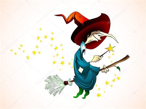 Spooky Halloween Witch Holding A Magic Wand Flying On A Broom