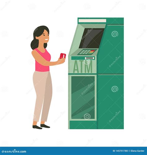 Woman Withdrawing Money From Credit Card At Atm Stock Vector