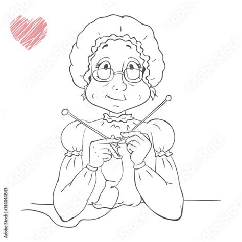 Cute Cartoon Grandmother Character Knitting Outline Vector