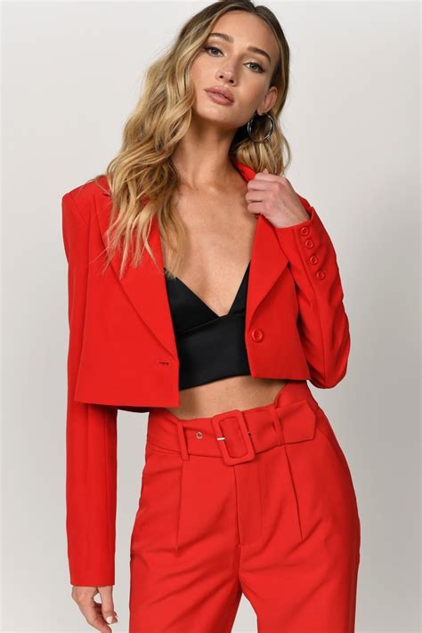 beatrix boxy cropped blazer in red red blazer outfit blazer outfits red blazer