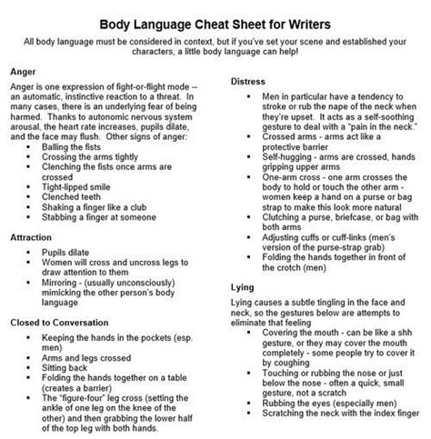 Body Language Cheat Sheet For Writers Nanowrimo Writingtips Book