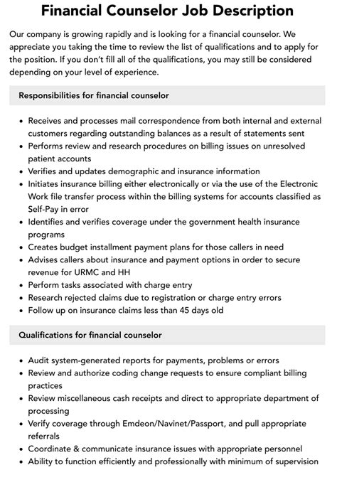 Financial Counselor Job Description Velvet Jobs