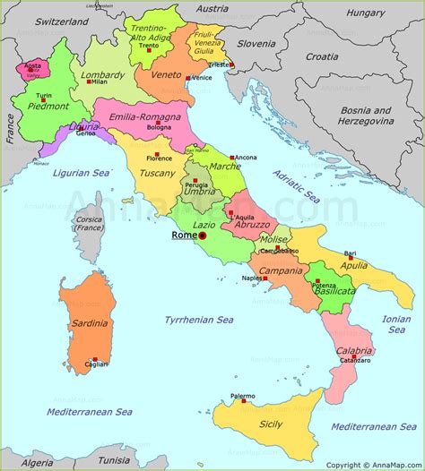 Veja o mapa dos vinhos da itália, com as marcações das cidades e regiões mais importantes. Italy political map - AnnaMap.com