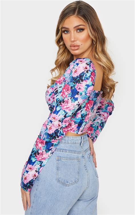 Multi 80s Floral Printed Cup Ruched Crop Top Prettylittlething