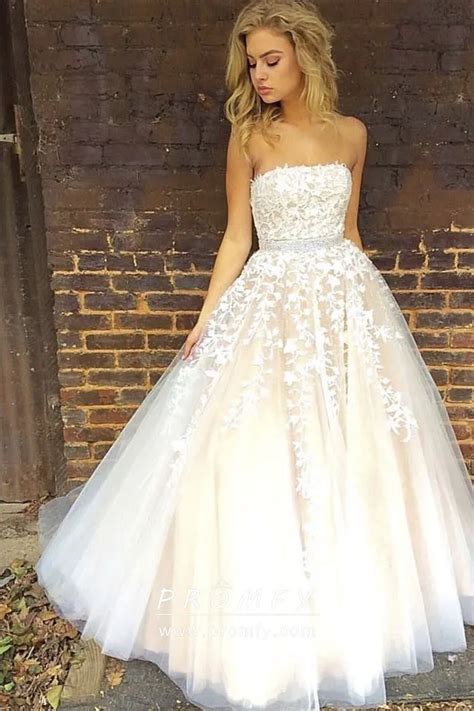 Strapless Lace White Tulle Long Champagne Ball Gown Promfy