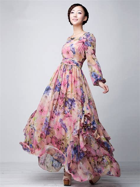 Pink Floral Printed Chiffon Maxi Dress