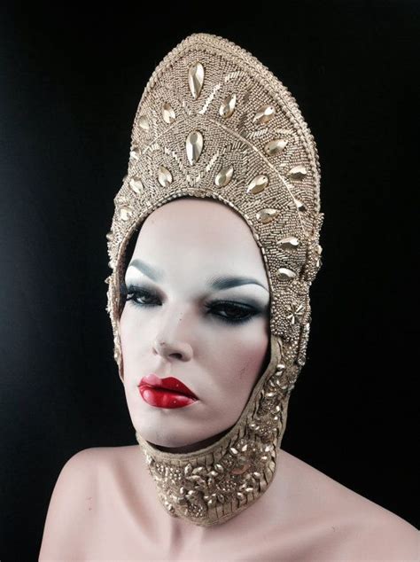 Ready To Ship Golden Romantic Beaded Queen Goddess Masked Fantasy Headdress Headpeice Wig