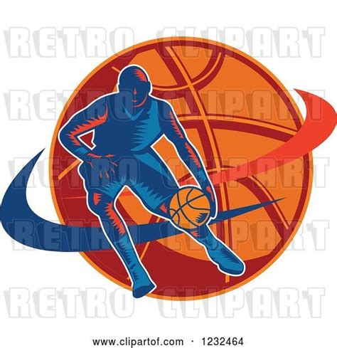 Vector Clip Art Of Retro Woodcut Basketball Player Dribbling Over A