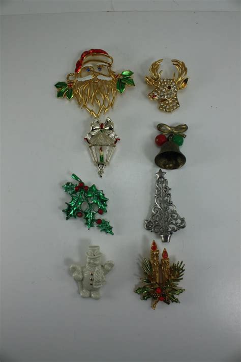 Vintage Christmas Pins Brooches Assortment Set Of 8 Pins