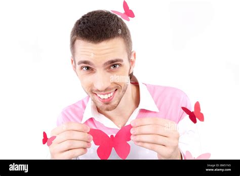 Image Of Smart Guy With Pink Paper Butterfly In Hands Stock Photo Alamy