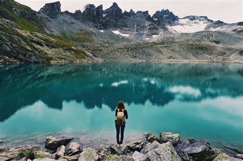 Women Photography Nature Landscape Lake Hiking Turquoise Water Mountains Overcast