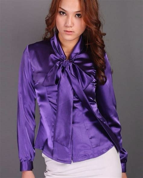 Pin By Satin Lux On Purple Satin 💜 Blouses For Women Blouse Satin Bow Blouse