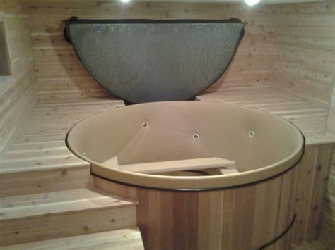 Basement Hot Tub Room Finished With Cedar Plank Walls And Decking