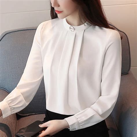 New 2019 Ol Women Blouse Formal White Shirt Solid Stand Collar Pleated