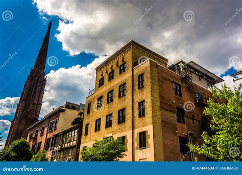 Old Buildings And A Church In Mount Vernon Baltimore Maryland Stock