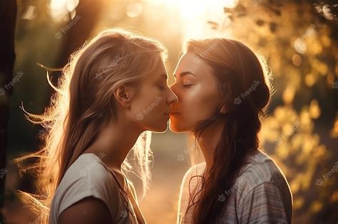 Premium Ai Image Two Lgbt Lesbian Girls In Love Kiss In Nature In Park In Summer Generative Ai