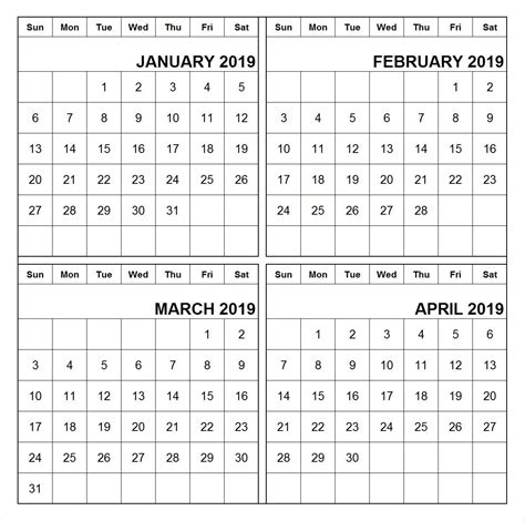 Printable Calendar 4 Months On One Page