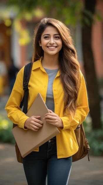 Premium Ai Image Young Indian College Girl Holding Backpack And Books