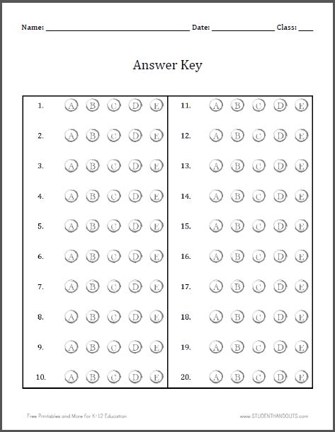 Bubble Answer Sheet For 20 Questions Student Handouts