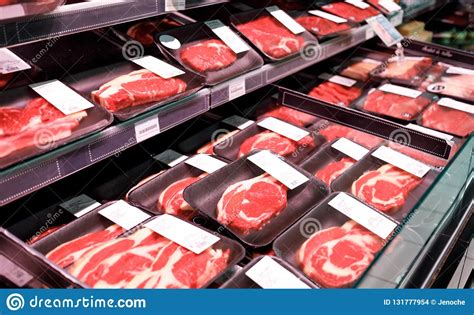 Showcase Meat Raw Products In A Supermarket Stock Photo Image Of Beef