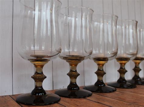 Vintage Libbey Glass Tulip Brown Water Goblet Wine Glass Set Of 8 Clear With Brown Stem