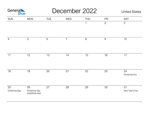 December 2022 Calendar United States