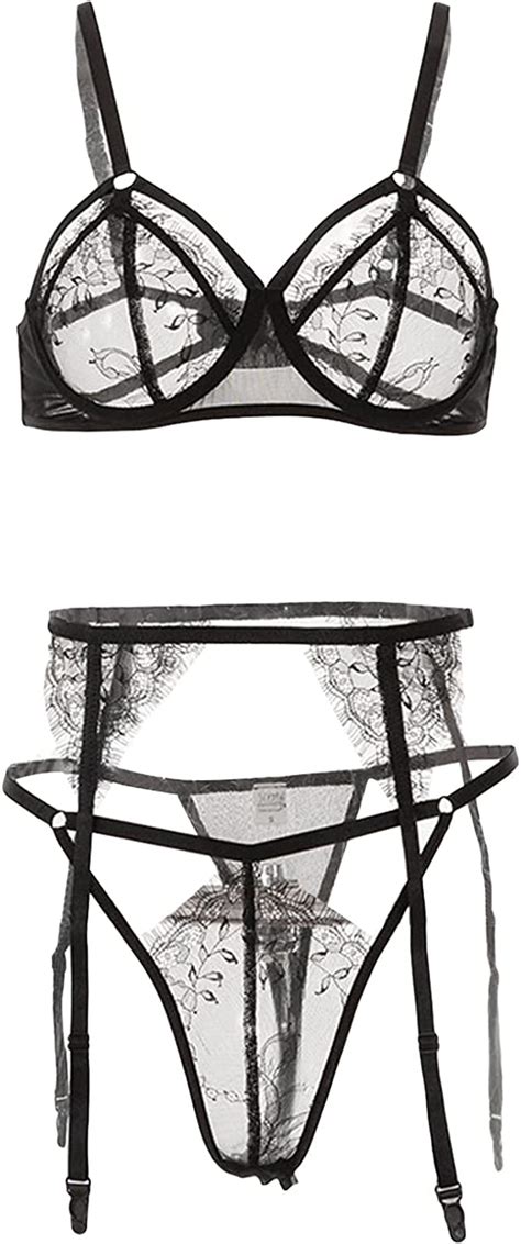 women s erotic see through lingerie set with garter eyelash trim lace lingerie set strappy sexy
