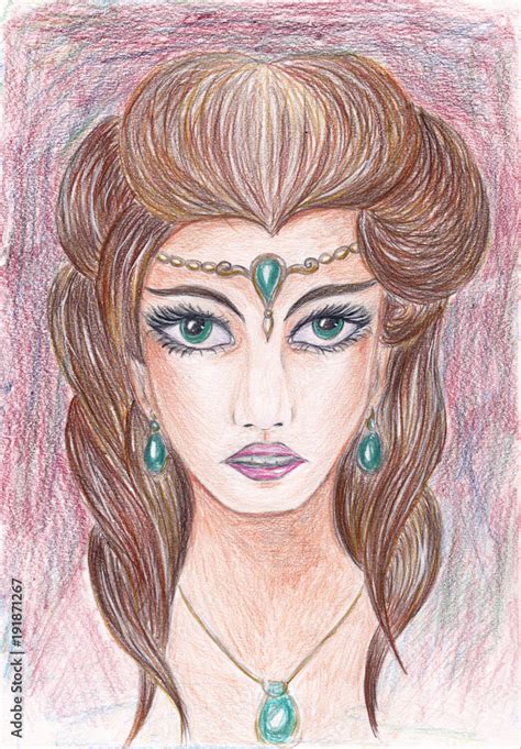 Mysterious Forest Nymph Colored Pencils Technique Goddess With Green Eyes And Brown Hair