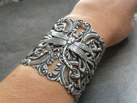 Extra Wide Silver Filigree Dragonfly Cuff Bracelet Dragonfly Bracelet Silver Cuff Dragonfly