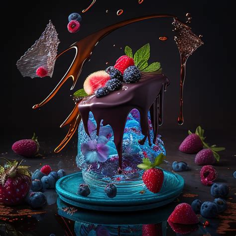 Premium AI Image A Chocolate Cake With Fruit And A Splash Of Liquid On It
