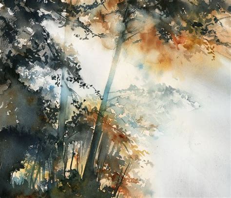 Autumnal Forest Light Rays In A Morning Fog Watercolor Painting