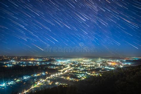 Starry Sky Over The Night City Stock Photo Image Of Horizon Planet