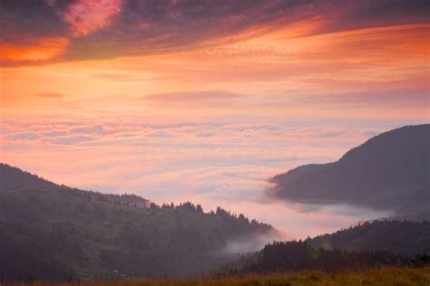 Mountain Peaks Above The Clouds At Sunset Stock Image Image Of Mist