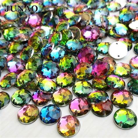 Junao 10mm Rainbow Color Sewing Acrylic Rhinestones Round Crystal
